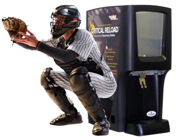 Baseball catcher in action squatting in front of a Critical Reload Reload Post Workout Recovery Drink Dispenser