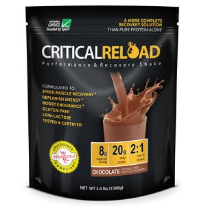 A single bag of chocolate Critical Reload post workout recovery drink