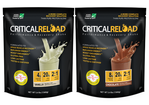 Critical Reload Post Workout Recovery Drink Bags Chocolate and Vanilla sitting side by side