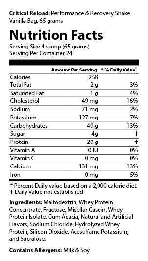 Critical Reload post workout recovery drink nutrition facts label for vanilla flavor