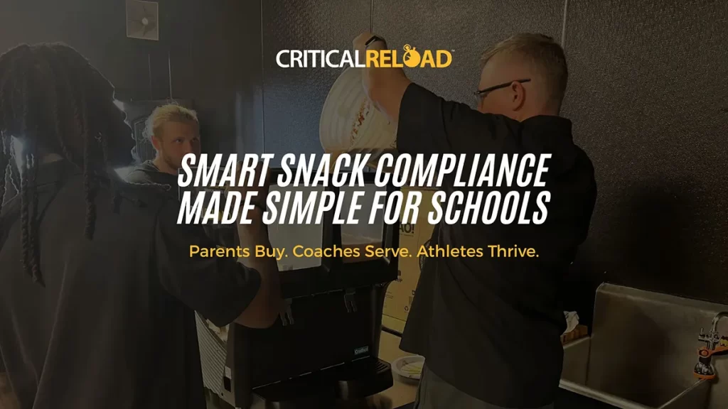 High school coach serving Critical Reload shakes to athletes after lift — compliant with Smart Snack policy.
