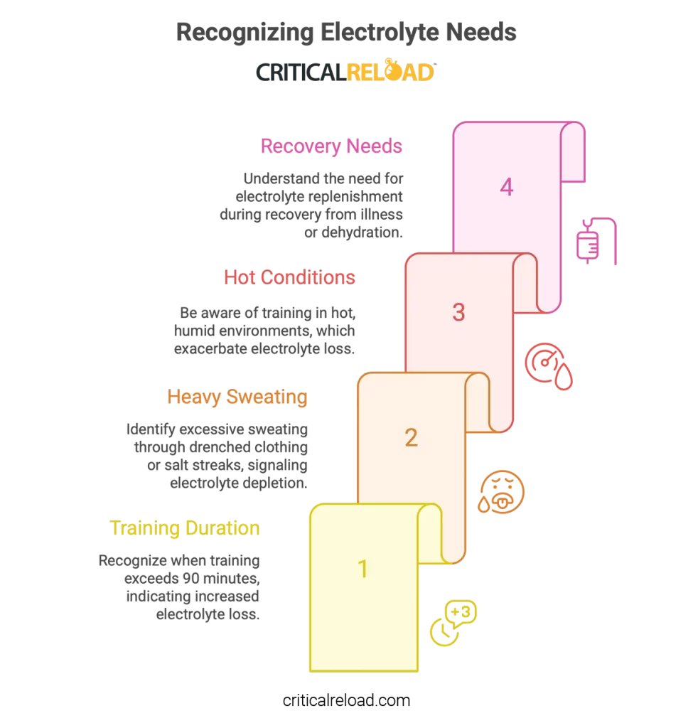 Graphic showing four signs of electrolyte needs—training duration, heavy sweating, hot conditions, and recovery—to explain what electrolytes do.