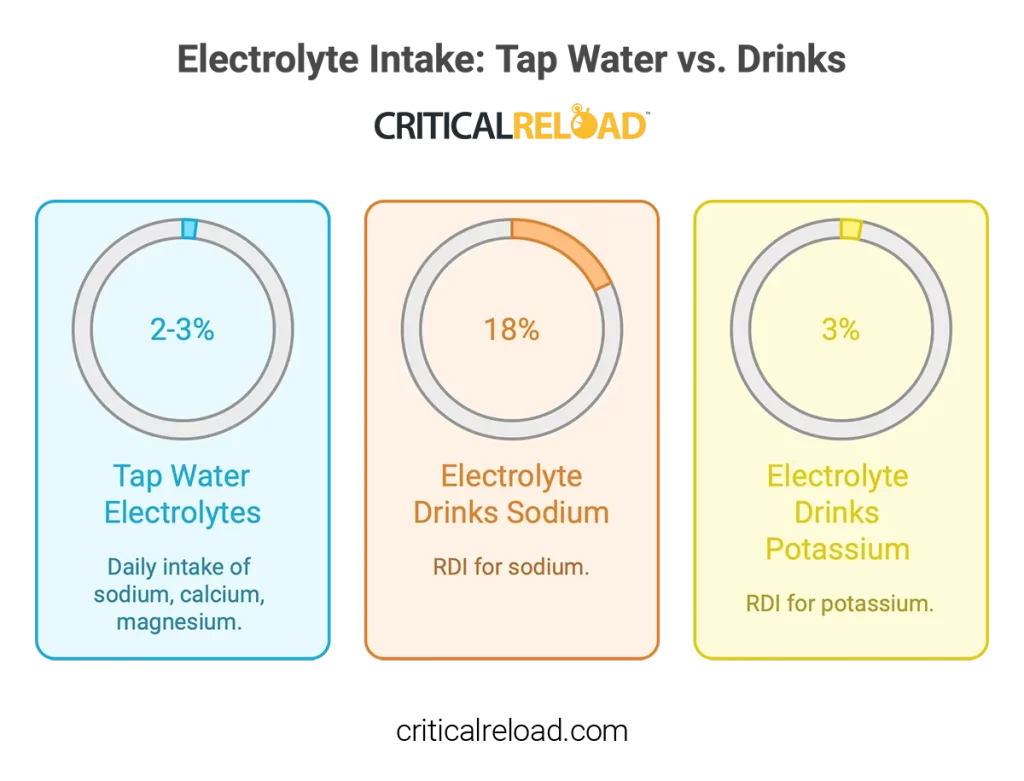 Infographic comparing electrolyte intake from tap water versus electrolyte drinks, showing sodium, potassium, magnesium, and calcium differences.