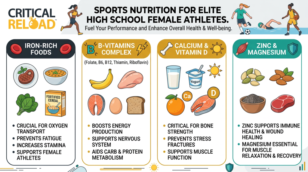 Sports nutrition for female athletes infographic showing iron-rich foods, B‑vitamins, calcium and vitamin D, zinc and magnesium with icons and benefits for high school girls.