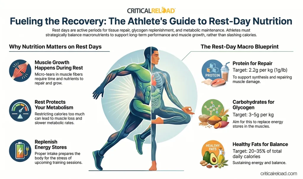 What to eat on a rest day infographic for athletes showing protein, carbohydrates, and healthy fats needed for recovery and muscle repair