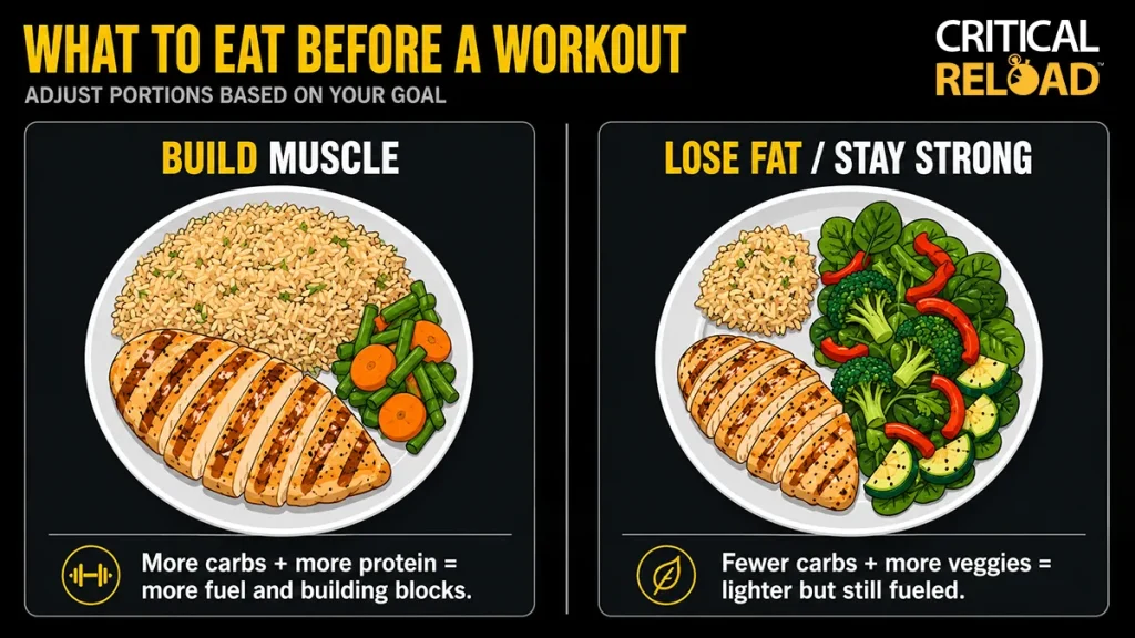 Infographic showing what to eat before a workout to build muscle versus lose fat, comparing two plates: one with more carbs and protein for muscle gain and one with fewer carbs and more vegetables to stay lean but fueled.