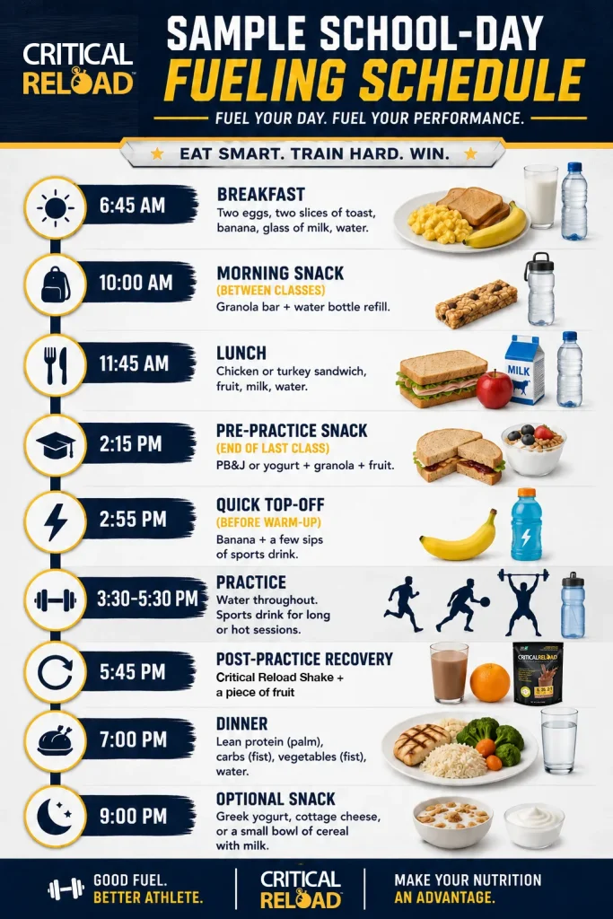 Sample school-day fueling schedule showing what to eat before a workout for a high school athlete, from 6:45 AM breakfast to 9 PM snack.
