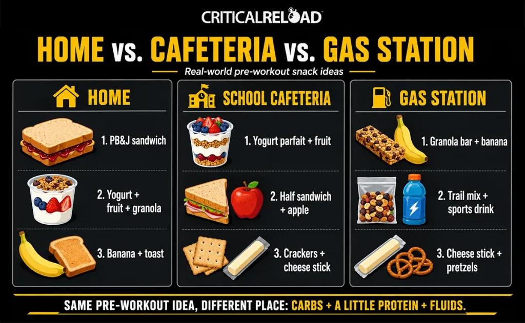 Infographic on what to eat before a workout comparing pre-workout snack ideas from home, the school cafeteria, and a gas station, including options like PB&J, yogurt parfait, granola bars, fruit, crackers, cheese sticks, and sports drinks.