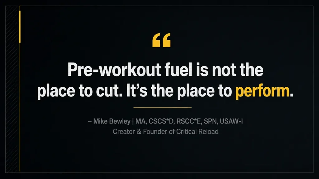 Quote graphic about what to eat before a workout with the line “Pre-workout fuel is not the place to cut. It’s the place to perform,” attributed to Mike Bewley, creator and founder of Critical Reload.