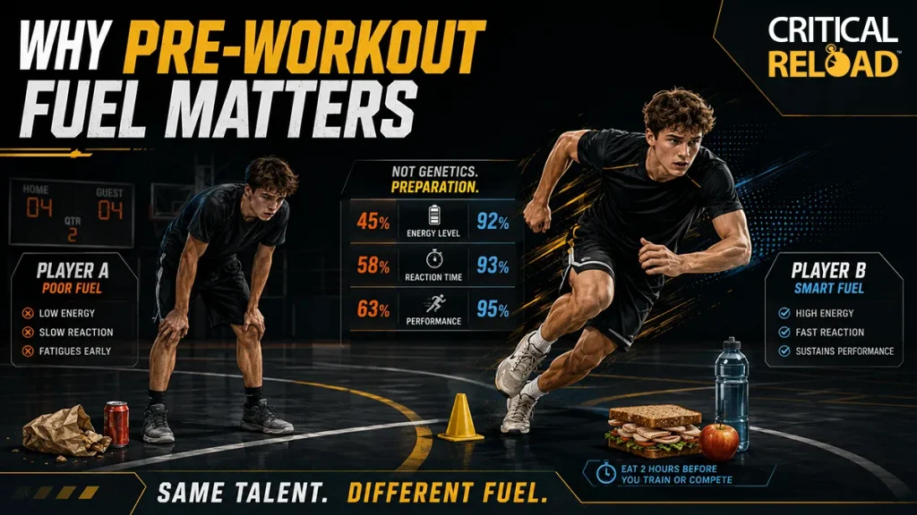 Infographic showing why what you eat before a workout matters, comparing a tired high school athlete who used poor pre-workout fuel with a fast, energized athlete who ate a turkey sandwich, fruit, and water two hours before training.