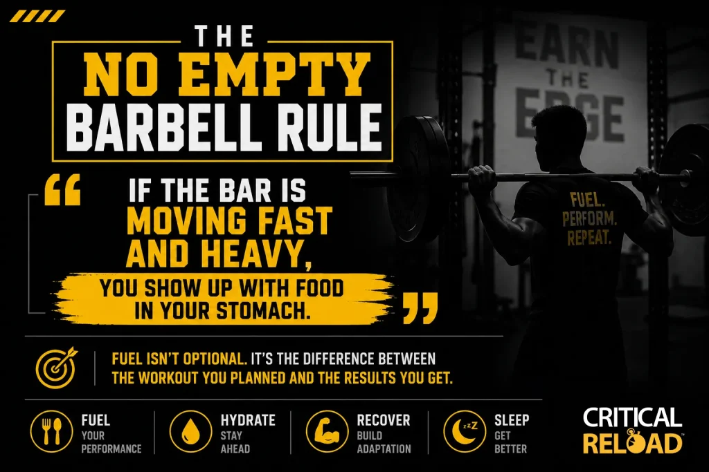Quote card reading "No Empty Barbell Rule: if the bar is moving fast and heavy, you show up with something in your stomach.