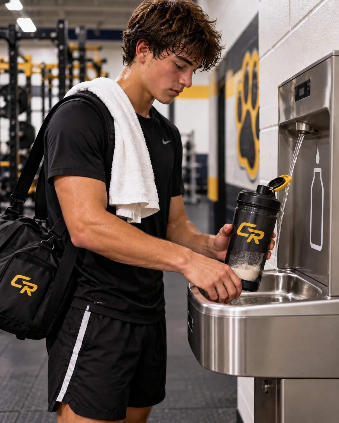 Athlete filling a pre-loaded Critical Reload shaker bottle with water
