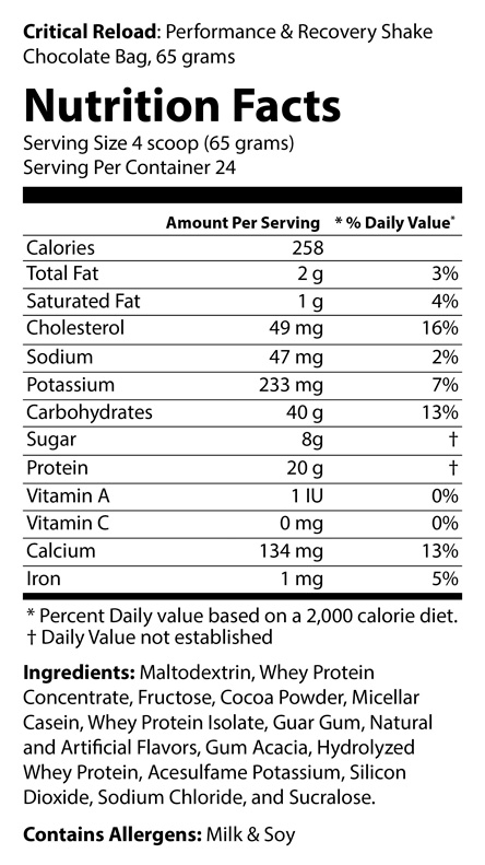 Critical Reload Chocolate Nutrition Facts label