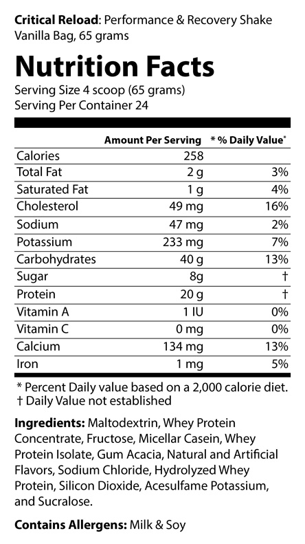 Critical Reload Vanilla Nutrition Facts label