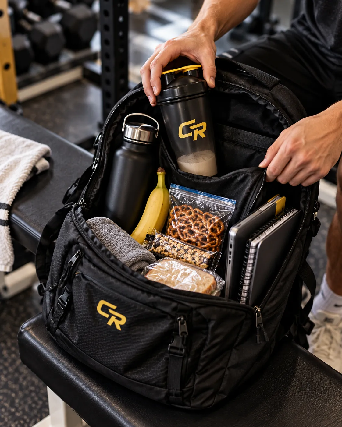 Athlete backpack packed with a shaker, water bottle, snacks, and school-to-training essentials