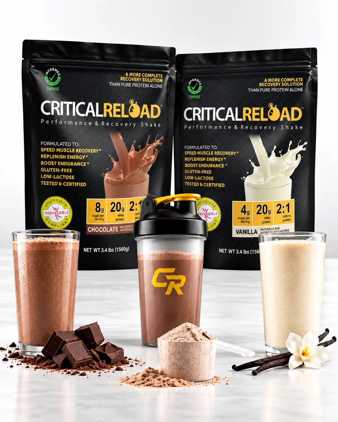 Critical Reload chocolate and vanilla recovery drink with shaker bottle